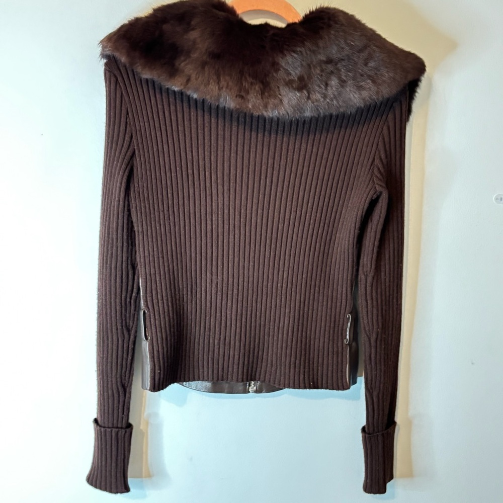 Cache Ribbed Y2k Sweater Jacket Real Fur Bib Coll… - image 7